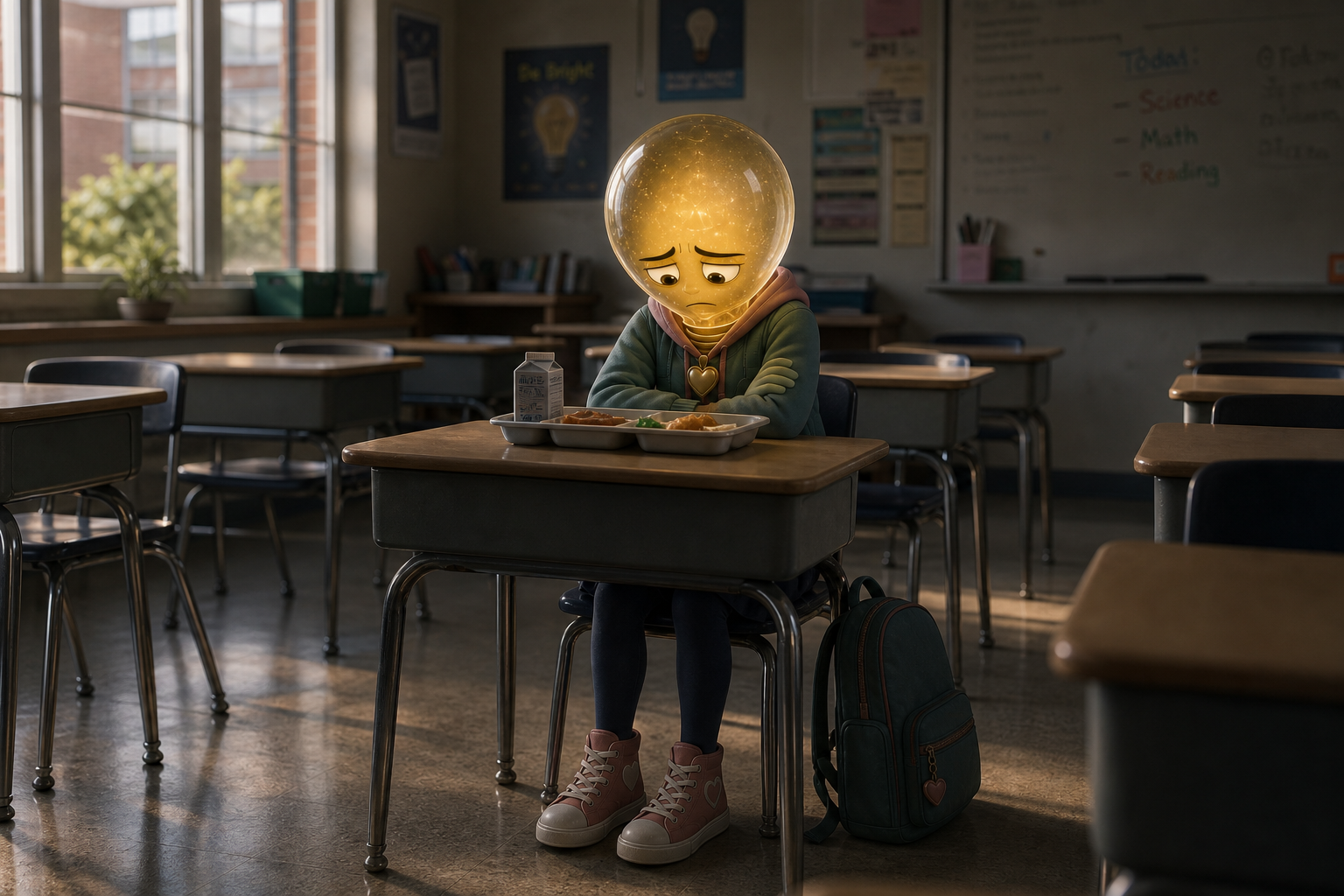 Lumi sits alone and sad at a classroom desk during lunch