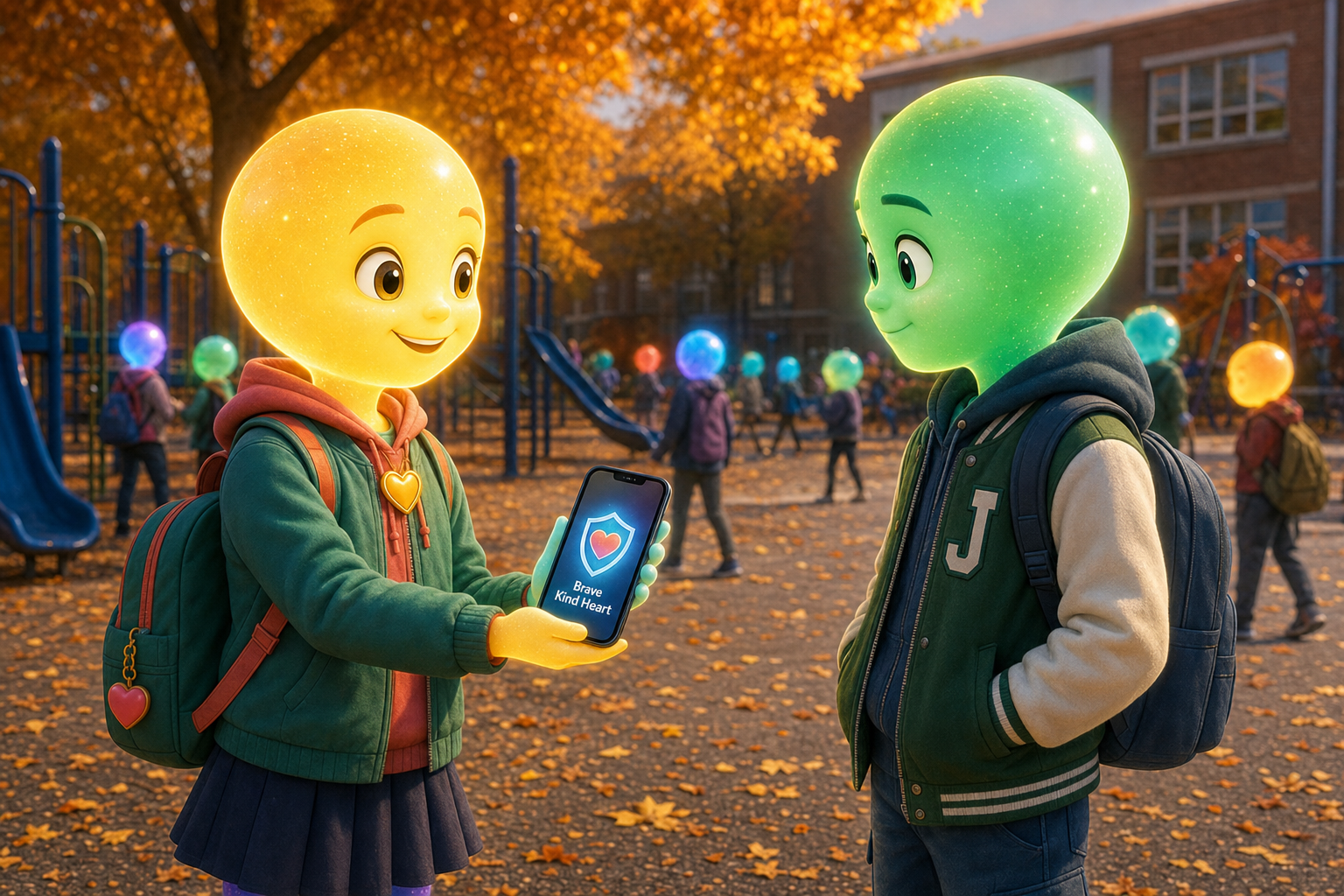 Lumi shows Jordan the Brave Kind Heart app on the playground