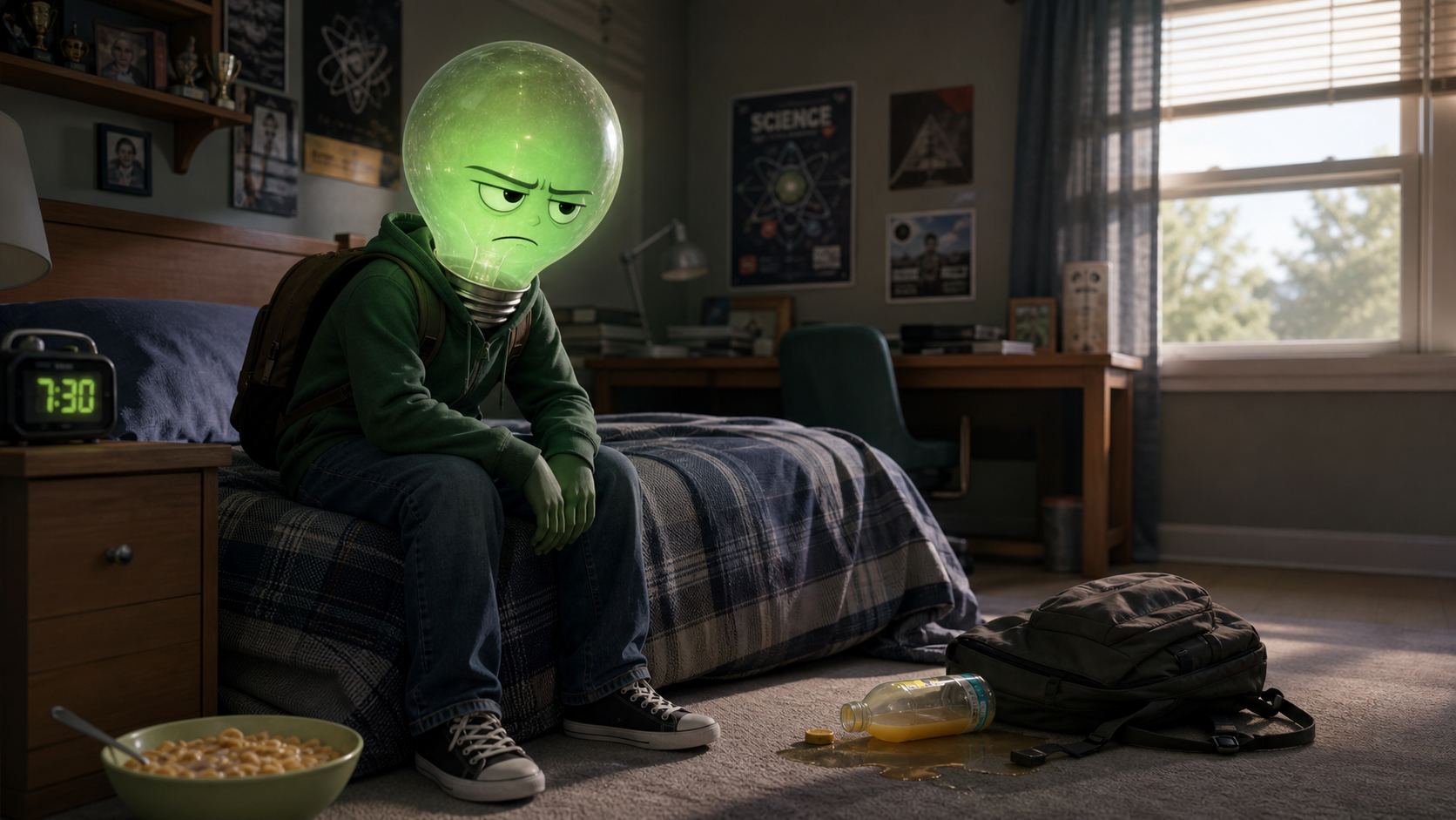 Jordan sits dim and grumpy in his room