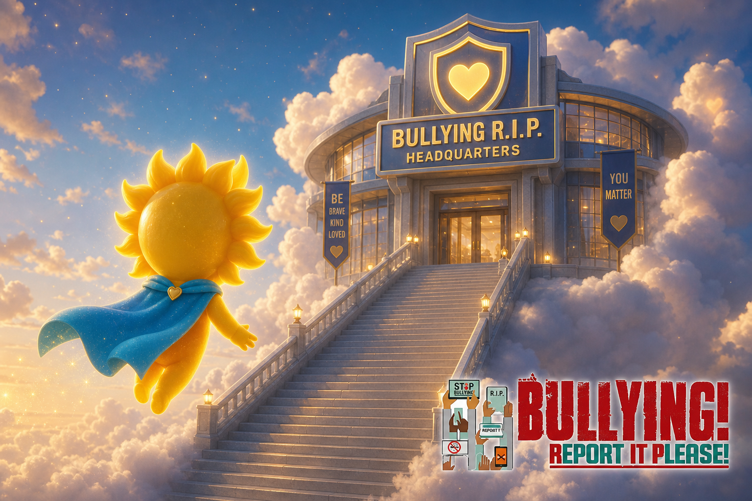 Sunny flies toward Bullying R.I.P. Headquarters in the clouds