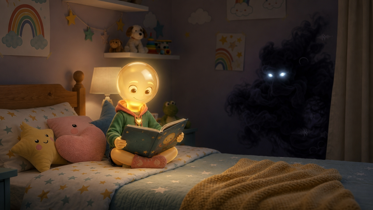 Lumi reads on her bed at night while a shadow watches