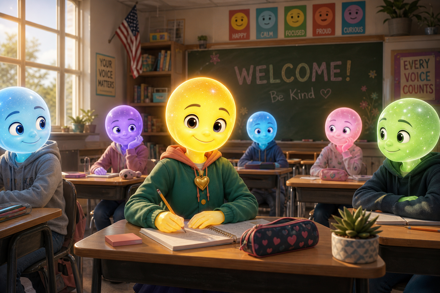 A bright classroom with the words Welcome and Be Kind