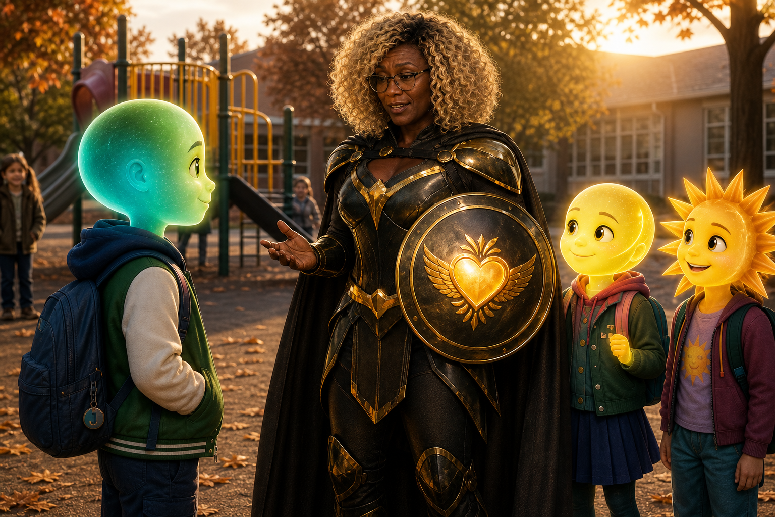 The Bullying Guardian kneels and speaks with the children
