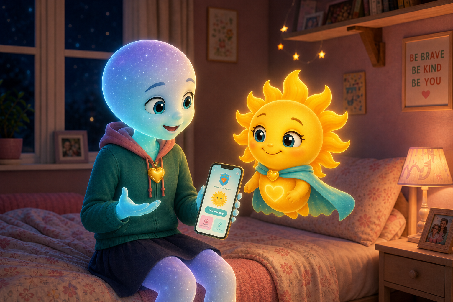 Sunny the glowing sun appears from the Brave Kind Heart app