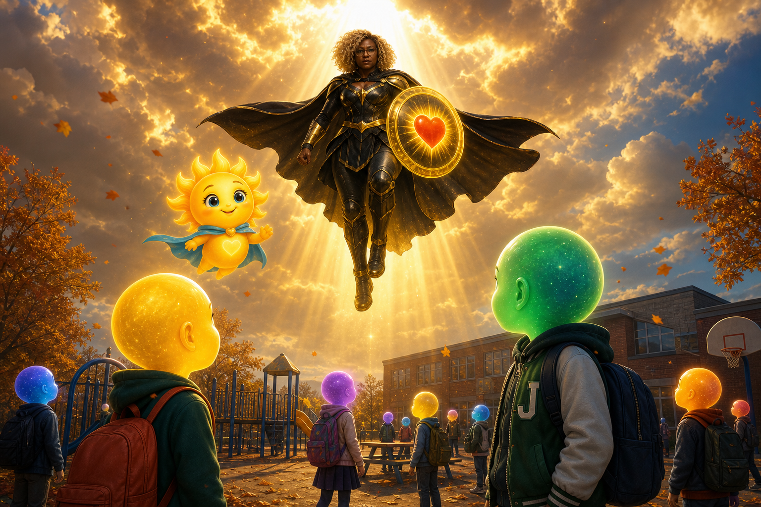The Bullying Guardian rises with a glowing heart shield as kids look up